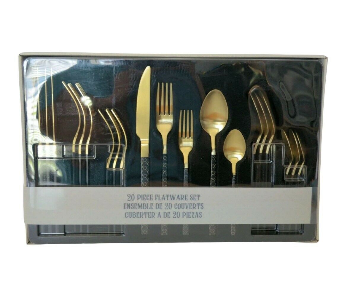 Disney Parks 20 Piece Mickey Black And Gold Home Flatware Set Stainless Steel